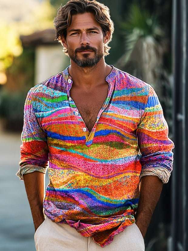 Men's Vintage Multicolor Line Ripple Art Print Long Sleeve Henley Shirt