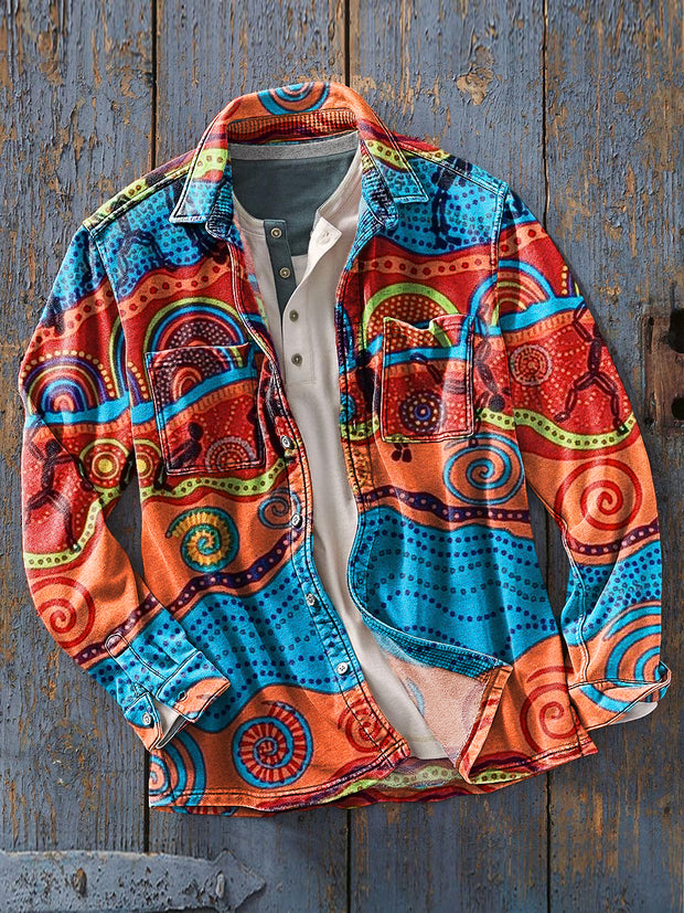 Men's Vintage Ethnic Colorful Ripple Art Print Soft Lapel Long Sleeve Pocket Shirt