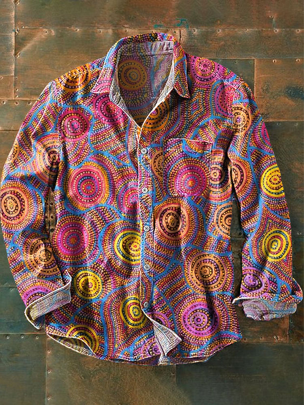 Men's Vintage Colorful Dots Swirl Abstract Art Print Lapel Long Sleeve Pocket Shirt