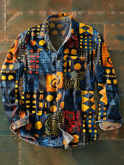 Men's Vintage Colorful Irregular Geometric Art Print Lapel Long Sleeve Pocket Shirt