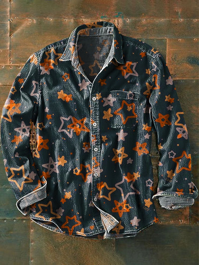 Men's Vintage Colorful Irregular Star Art Print Lapel Long Sleeve Pocket Shirt