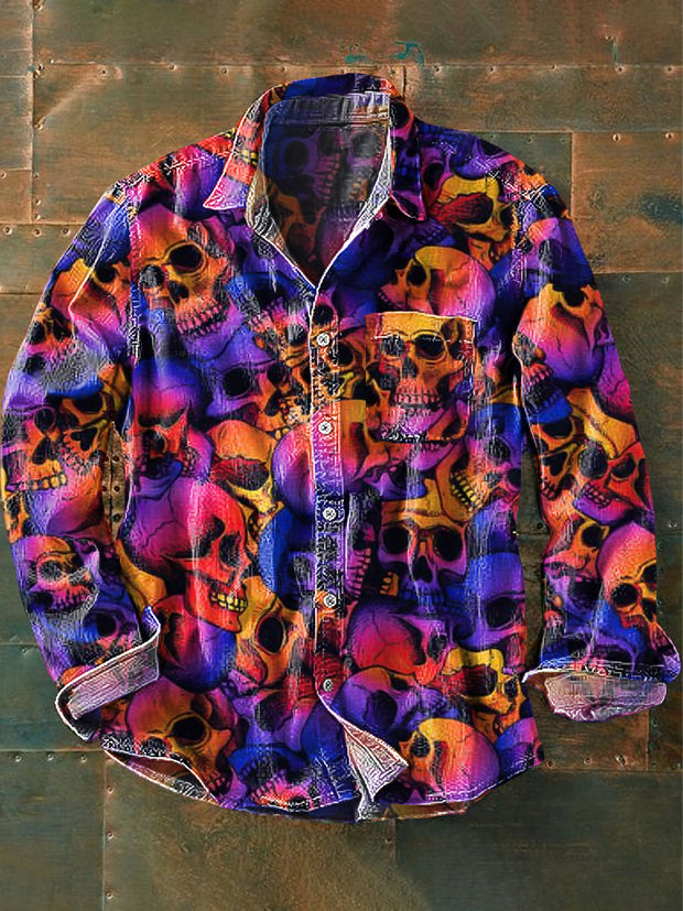 Men's Retro Punk Color Gradient Skull Art Print Lapel Long Sleeve Pocket Shirt