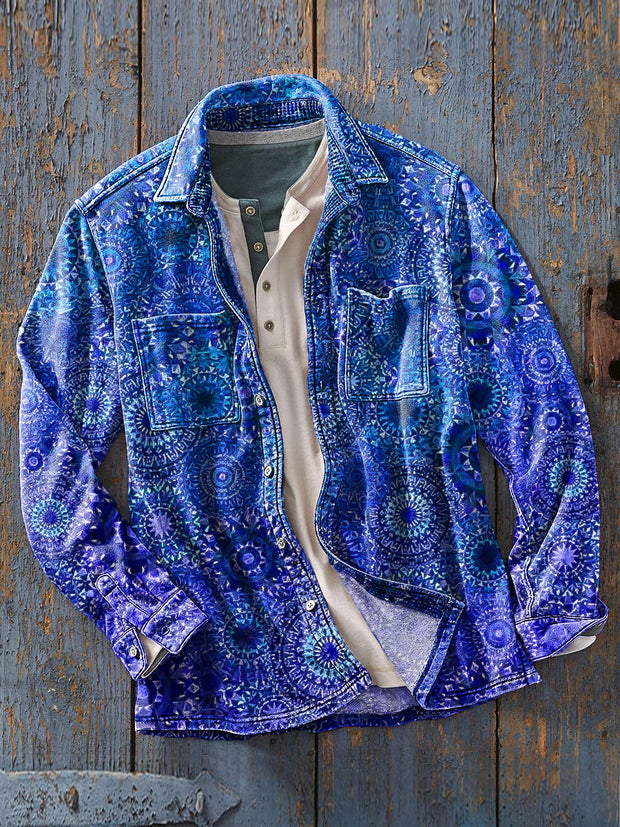 Men's Vintage Blue Irregular Mandala Art Print Soft Lapel Long Sleeve Pocket Shirt