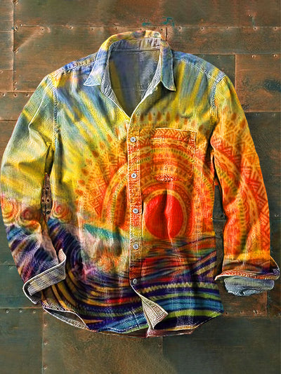 Men's Vintage Colorful Sun Waves Abstract Art Printed Lapel Long Sleeve Pocket Shirt