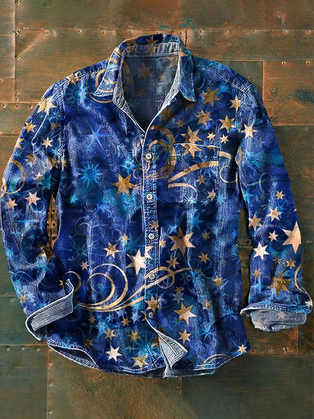 Men's Vintage Blue Gradient Star Line Art Print Lapel Long Sleeve Pocket Shirt