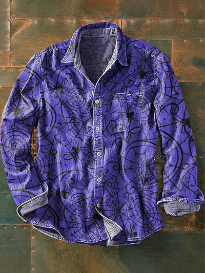 Men's Vintage Dark Spider Web Art Print Lapel Long Sleeve Pocket Shirt