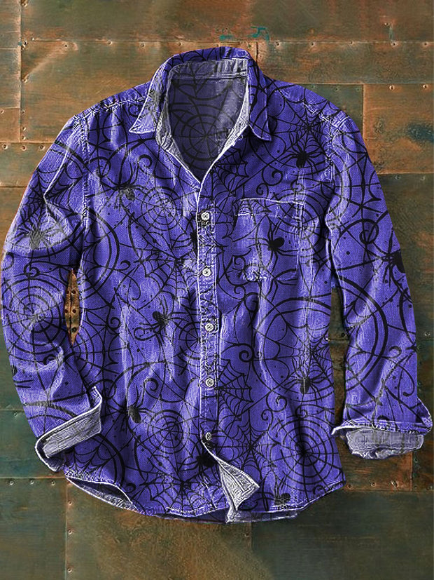 Men's Vintage Dark Spider Web Art Print Lapel Long Sleeve Pocket Shirt