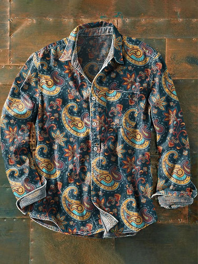 Men's Vintage Color Paisley Floral Art Print Lapel Long Sleeve Pocket Shirt