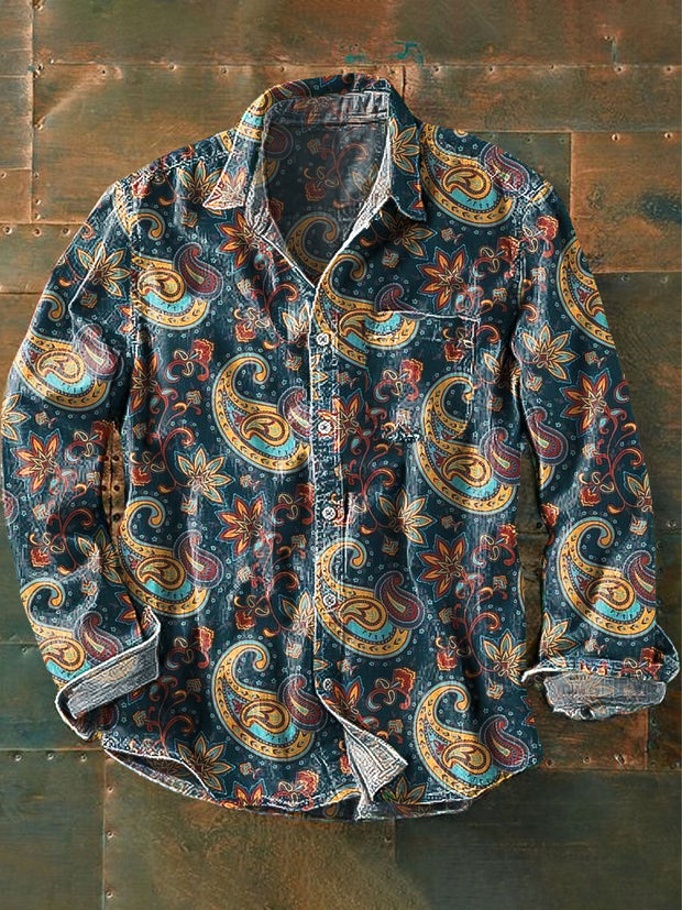 Men's Vintage Color Paisley Floral Art Print Lapel Long Sleeve Pocket Shirt