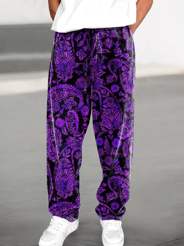 Men's Vintage Fluorescent Paisley Art Print Drawstring Casual Pants