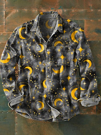 Men's Vintage Dark Star Moon Art Print Lapel Long Sleeve Pocket Shirt