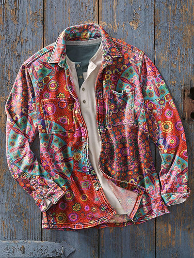 Men's Vintage Colorful Irregular Mandala Art Print Soft Lapel Long Sleeve Pocket Shirt