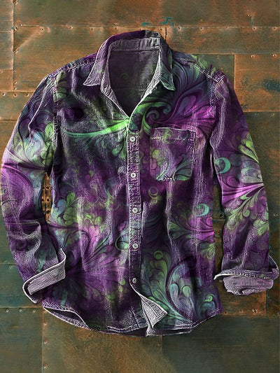 Men's Vintage Color Swoosh Floral Art Print Lapel Long Sleeve Pocket Shirt