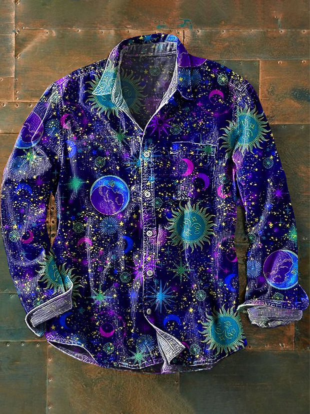 Men's Vintage Intergalactic Sun God Moon Art Print Lapel Long Sleeve Pocket Shirt