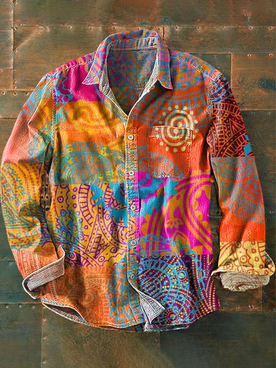 Men's Vintage Colorful Ethnic Patchwork Art Print Lapel Long Sleeve Pocket Shirt