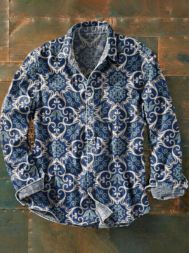 Men's Vintage Geometric Floral Art Print Lapel Long Sleeve Pocket Shirt