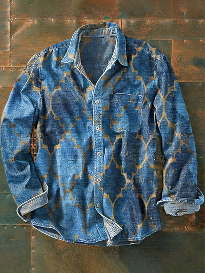 Men's Vintage Western Geometric Art Print Lapel Long Sleeve Pocket Shirt