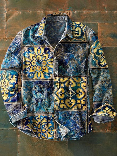 Men's Vintage Geometric Mandala Art Print Lapel Long Sleeve Pocket Shirt