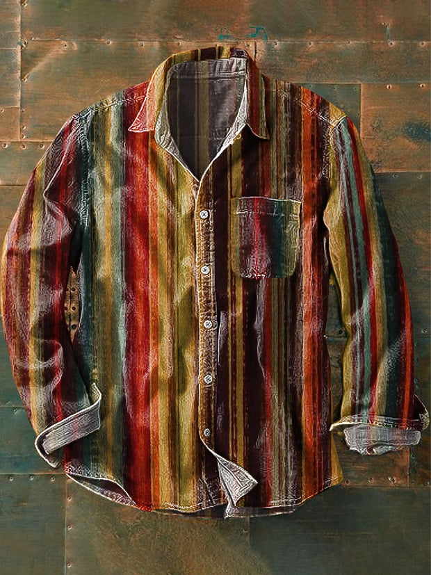 Men's Vintage Color Stripe Art Print Lapel Long Sleeve Pocket Shirt