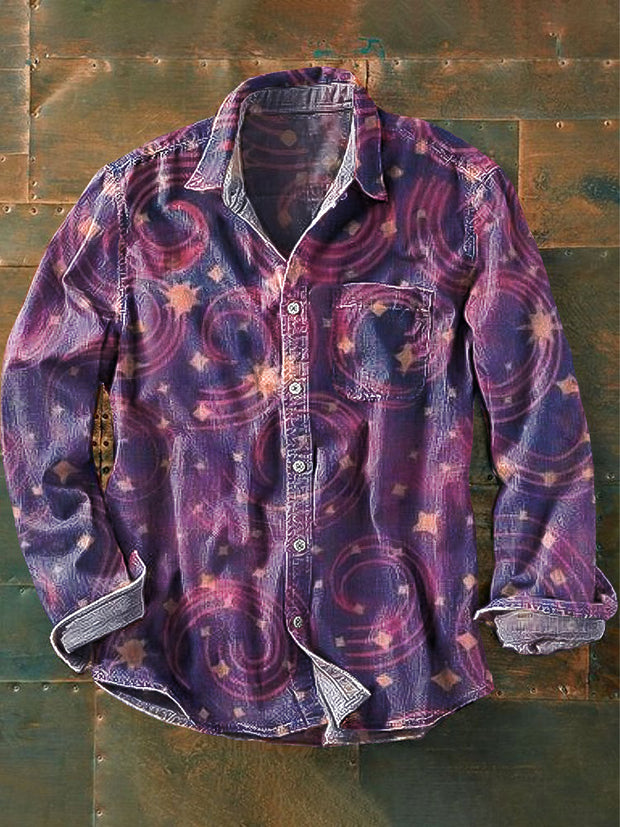 Men's Vintage Star Line Spiral Art Print Lapel Long Sleeve Pocket Shirt