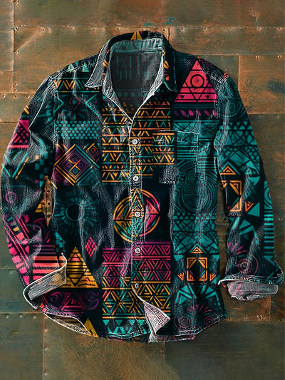 Men's Vintage Colorful Ethnic Line Geometric Art Print Lapel Long Sleeve Pocket Shirt