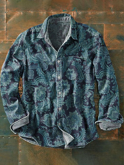 Men's Vintage Floral Art Print Lapel Long Sleeve Pocket Shirt